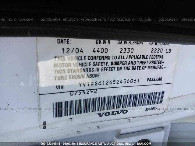 YV1RS612452456061 - 2005 VOLVO S60 WHITE photo 9