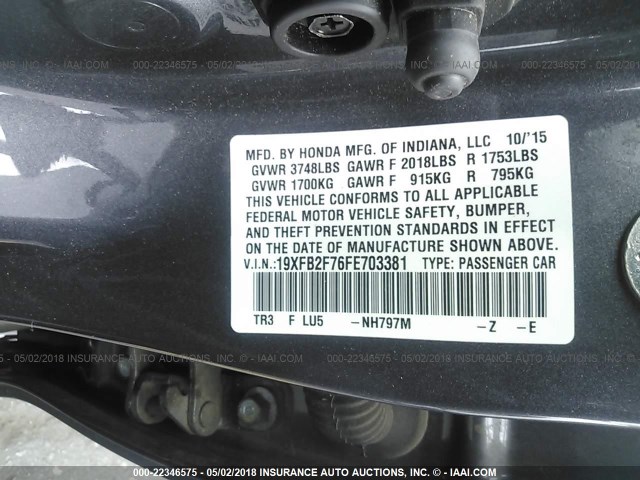 19XFB2F76FE703381 - 2015 HONDA CIVIC SE GRAY photo 9