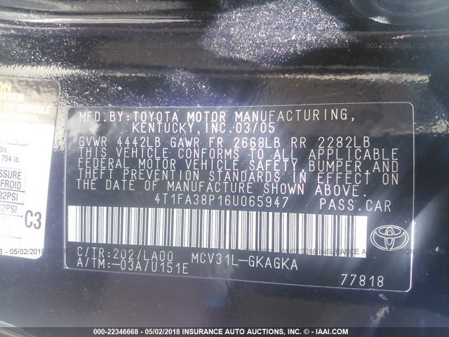 4T1FA38P16U065947 - 2006 TOYOTA CAMRY SOLARA SE/SLE შავი ფოტო 9