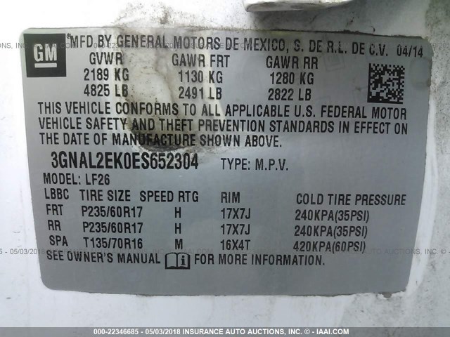 3GNAL2EK0ES652304 - 2014 CHEVROLET CAPTIVA LS 白色 照片 9