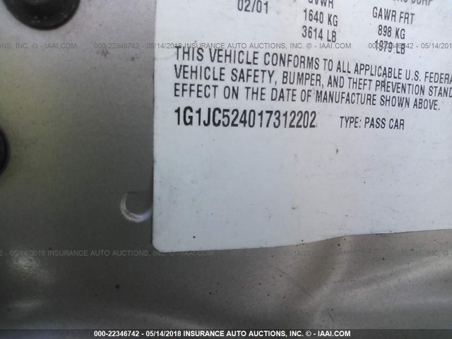 1G1JC524017312202 - 2001 CHEVROLET CAVALIER CNG GOLD photo 9