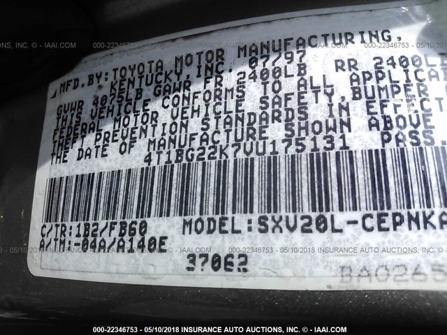 4T1BG22K7VU175131 - 1997 TOYOTA CAMRY CE/LE/XLE ნაცრისფერი ფოტო 9