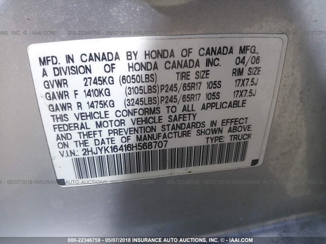 2HJYK16416H568707 - 2006 HONDA RIDGELINE RTS SILVER photo 9