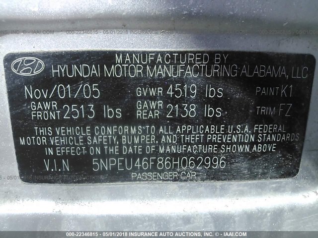 5NPEU46F86H062996 - 2006 HYUNDAI SONATA GLS/LX SILVER photo 9