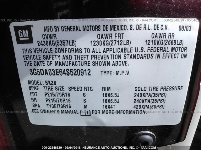 3G5DA03E64S520912 - 2004 BUICK RENDEZVOUS CX/CXL MAROON photo 9