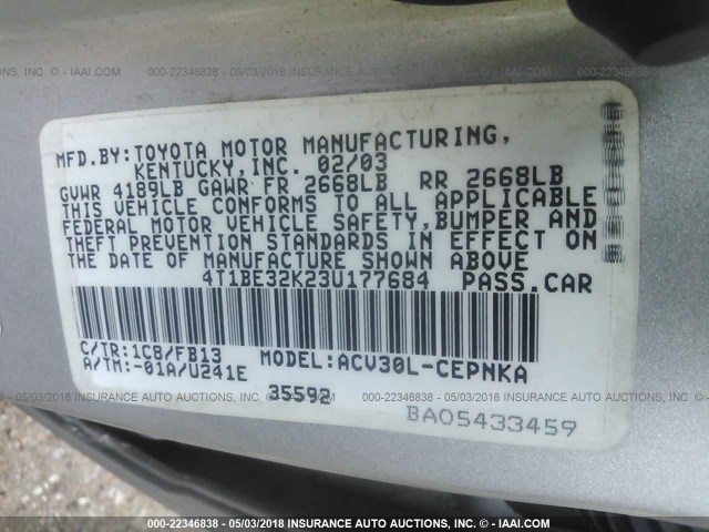 4T1BE32K23U177684 - 2003 TOYOTA CAMRY LE/XLE/SE ვერცხლისფერი ფოტო 9