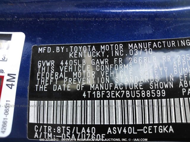 4T1BF3EK7BU588599 - 2011 TOYOTA CAMRY SE/LE/XLE BLUE photo 9