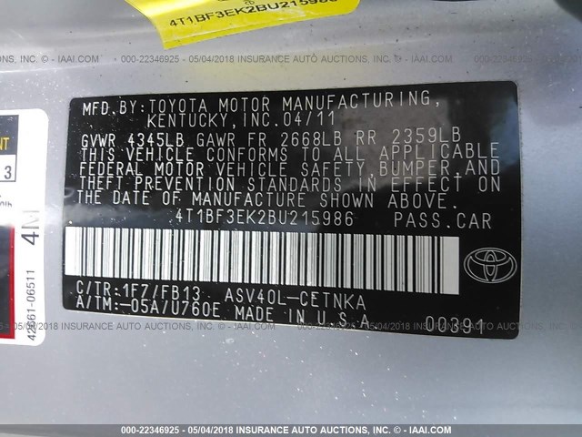 4T1BF3EK2BU215986 - 2011 TOYOTA CAMRY SE/LE/XLE SILVER photo 9