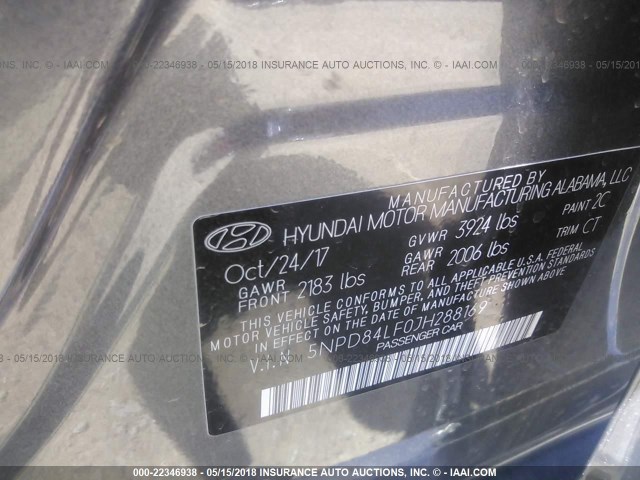 5NPD84LF0JH288169 - 2018 HYUNDAI ELANTRA SEL/VALUE/LIMITED GRAY photo 9