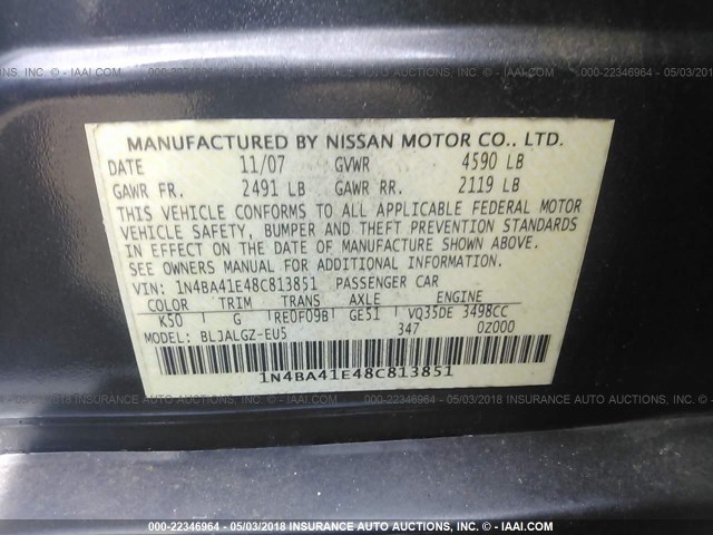 1N4BA41E48C813851 - 2008 NISSAN MAXIMA SE/SL GRAY photo 9