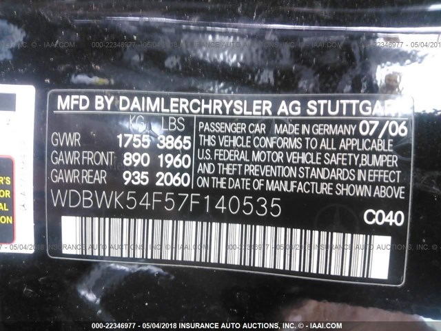 WDBWK54F57F140535 - 2007 MERCEDES-BENZ SLK 280 BLACK photo 9