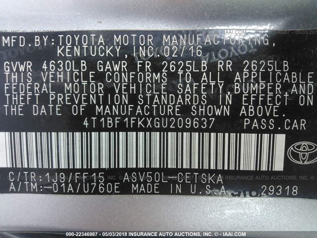 4T1BF1FKXGU209637 - 2016 TOYOTA CAMRY LE/XLE/SE/XSE GRAY photo 9