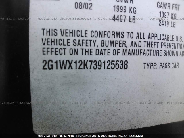 2G1WX12K739125638 - 2003 CHEVROLET MONTE CARLO SS შავი ფოტო 9