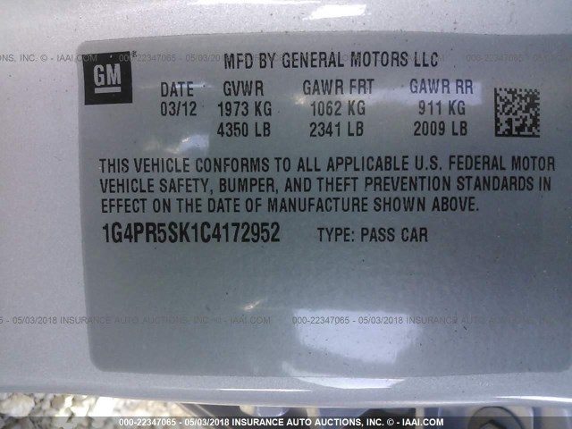 1G4PR5SK1C4172952 - 2012 BUICK VERANO CONVENIENCE SILVER photo 9