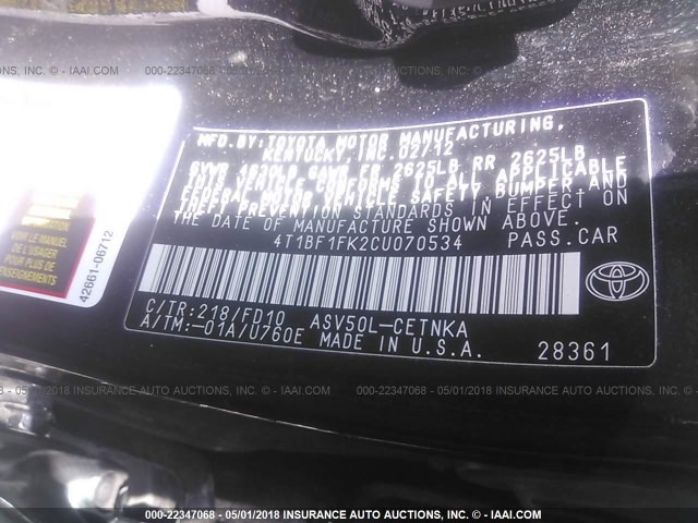 4T1BF1FK2CU070534 - 2012 TOYOTA CAMRY SE/LE/XLE BLACK photo 9