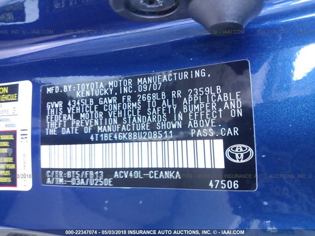 4T1BE46K88U208511 - 2008 TOYOTA CAMRY CE/LE/XLE/SE BLUE photo 9