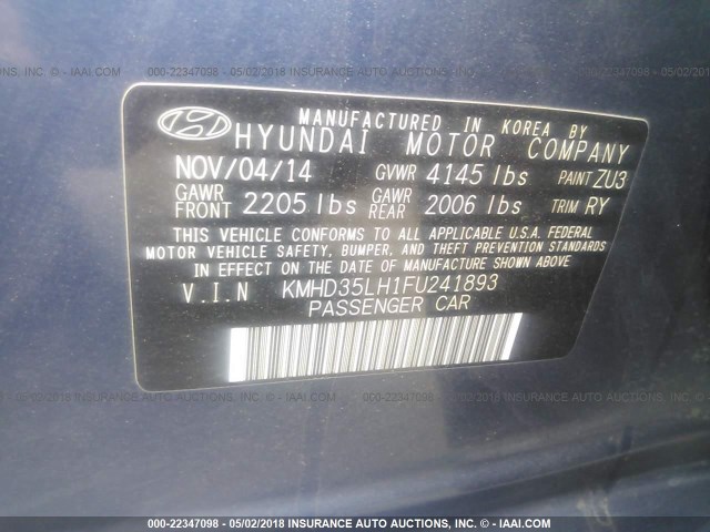 KMHD35LH1FU241893 - 2015 HYUNDAI ELANTRA GT 蓝色 照片 9