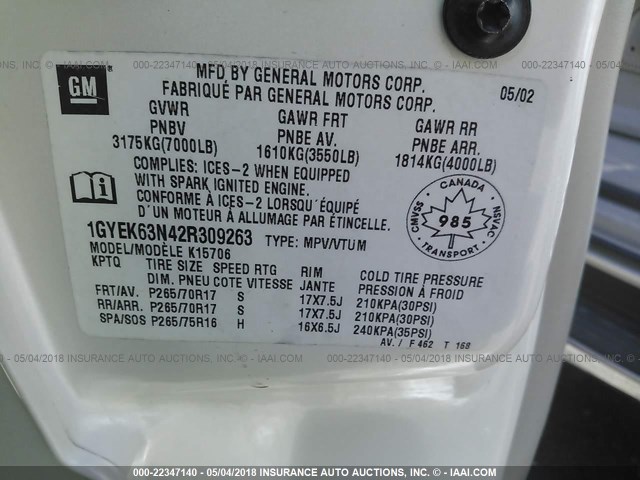 1GYEK63N42R309263 - 2002 CADILLAC ESCALADE LUXURY Krem foto 9