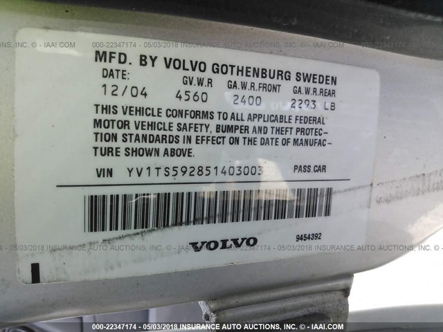 YV1TS592851403003 - 2005 VOLVO S80 2.5T GRAY photo 9