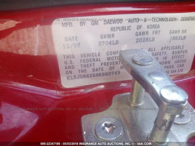 KL5JD66Z68K860749 - 2008 SUZUKI RENO CONVENIENCE RED photo 9