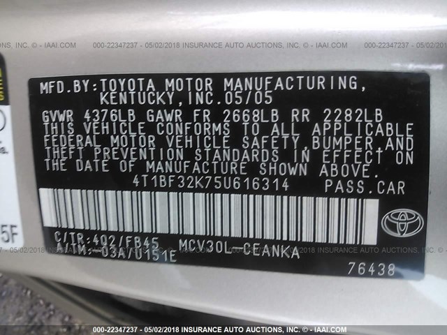 4T1BF32K75U616314 - 2005 TOYOTA CAMRY LE/XLE/SE Qızıl foto 9
