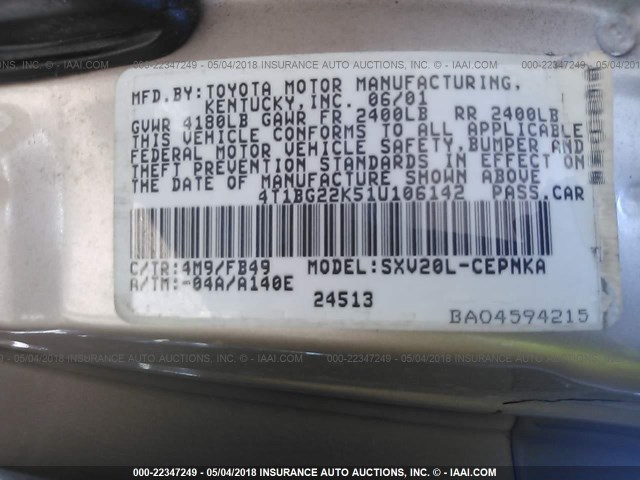 4T1BG22K51U106142 - 2001 TOYOTA CAMRY CE/LE/XLE GOLD photo 9