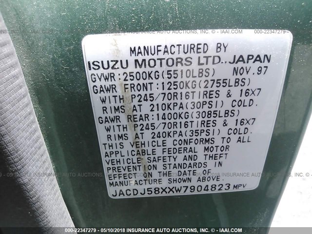 JACDJ58XXW7904823 - 1998 ISUZU TROOPER S/LS/LIMITED 绿色 照片 9
