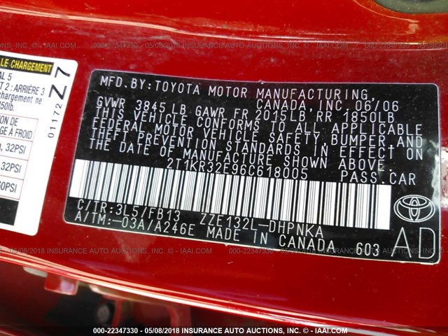 2T1KR32E96C618005 - 2006 TOYOTA COROLLA MATRIX XR RED photo 9