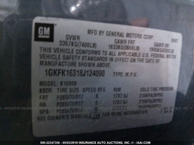 1GKFK16318J124090 - 2008 GMC YUKON XL K1500 GRAY photo 9