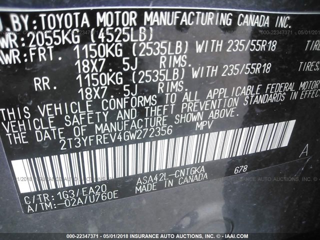 2T3YFREV4GW272356 - 2016 TOYOTA RAV4 LIMITED GRAY photo 9