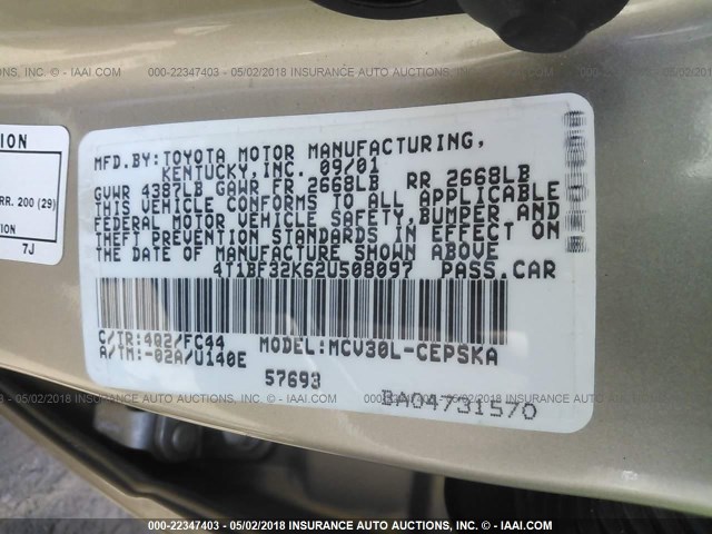 4T1BF32K62U508097 - 2002 TOYOTA CAMRY LE/XLE/SE თაფლისფერი ფოტო 9