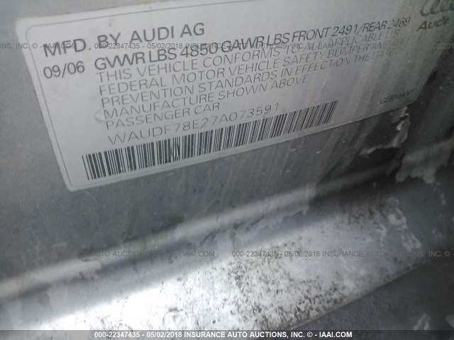 WAUDF78E27A073591 - 2007 AUDI A4 2.0T QUATTRO SILVER photo 9