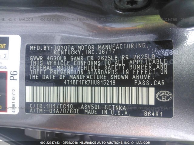 4T1BF1FK7HU815219 - 2017 TOYOTA CAMRY LE/XLE/SE/XSE GRAY photo 9