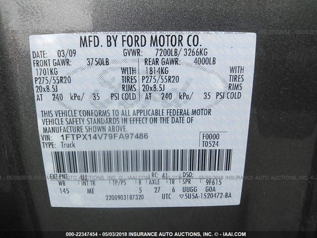 1FTPX14V79FA97486 - 2009 FORD F150 SUPER CAB GRAY photo 9