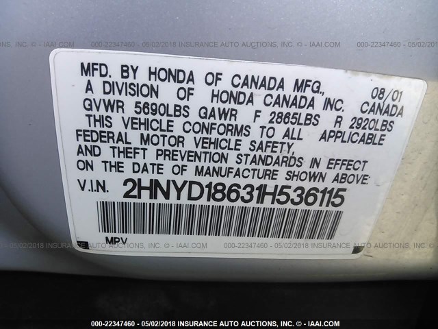 2HNYD18631H536115 - 2001 ACURA MDX TOURING SILVER photo 9