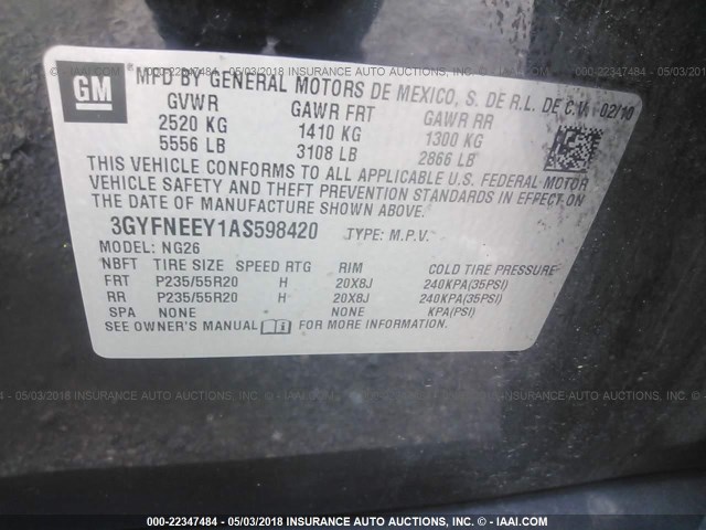 3GYFNEEY1AS598420 - 2010 CADILLAC SRX PERFORMANCE COLLECTION Қара фото 9