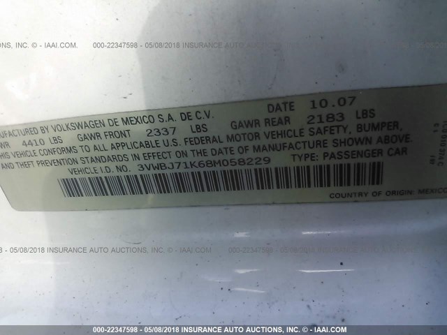 3VWBJ71K68M058229 - 2008 VOLKSWAGEN GLI თეთრი ფოტო 9