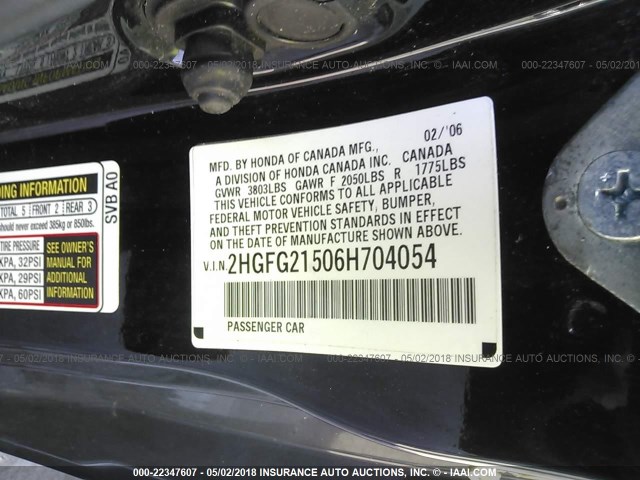 2HGFG21506H704054 - 2006 HONDA CIVIC SI BLACK photo 9