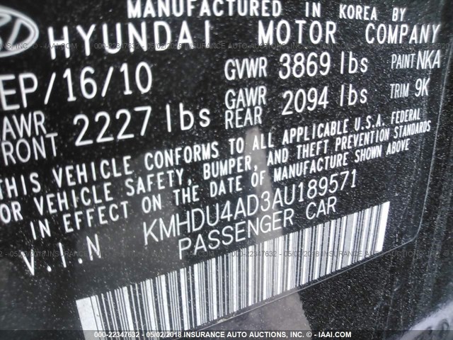 KMHDU4AD3AU189571 - 2010 HYUNDAI ELANTRA BLUE/GLS/SE BLACK photo 9