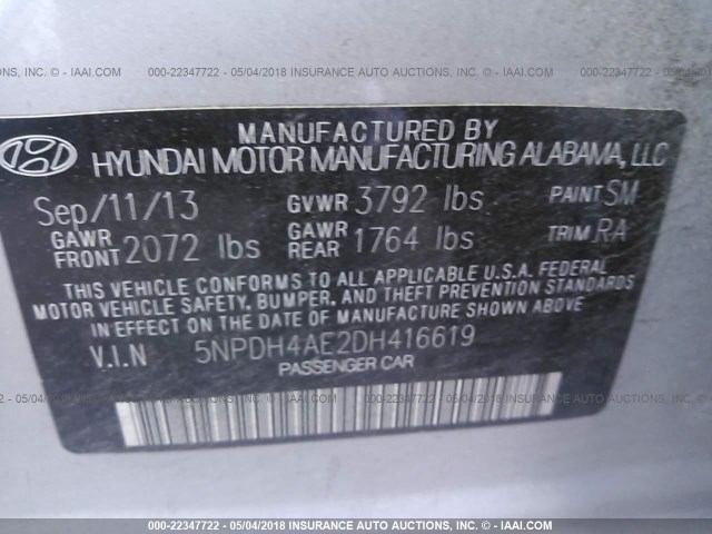 5NPDH4AE2DH416619 - 2013 HYUNDAI ELANTRA GLS/LIMITED SILVER photo 9