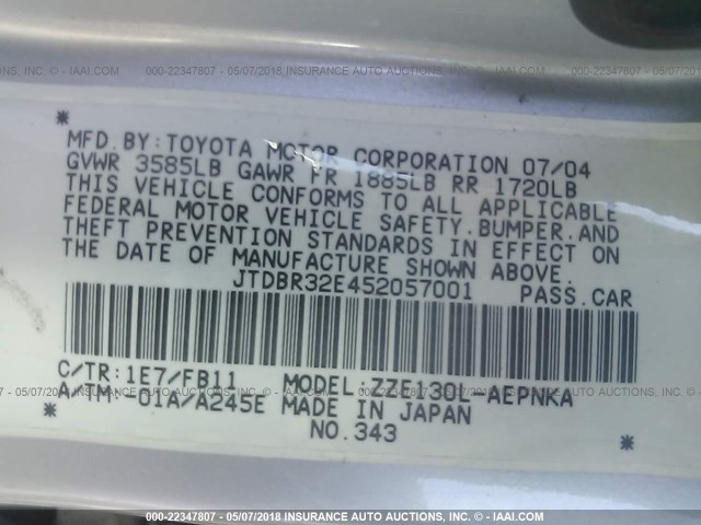 JTDBR32E452057001 - 2005 TOYOTA COROLLA CE/LE GRAY photo 9