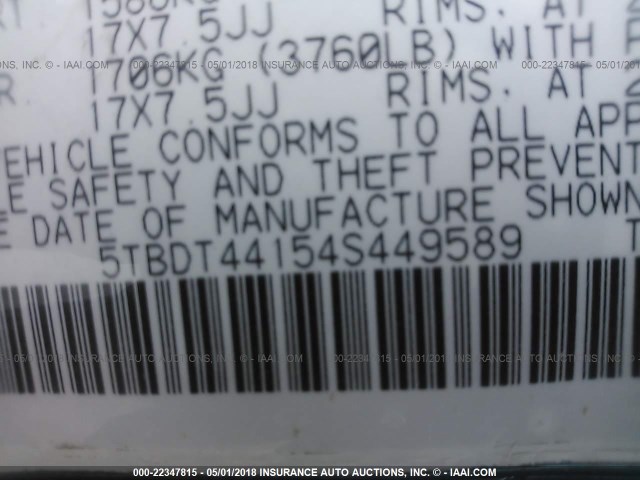 5TBDT44154S449589 - 2004 TOYOTA TUNDRA DOUBLE CAB SR5 BLUE photo 9