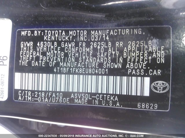 4T1BF1FK8EU804001 - 2014 TOYOTA CAMRY L/SE/LE/XLE 黑色 照片 9