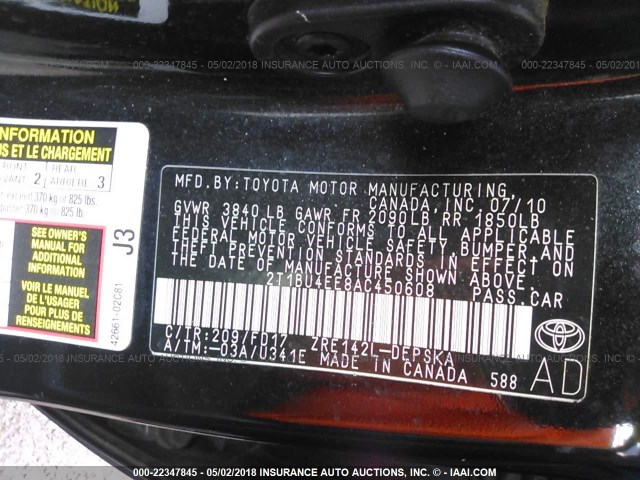 2T1BU4EE8AC450608 - 2010 TOYOTA COROLLA S/LE/XLE BLACK photo 9