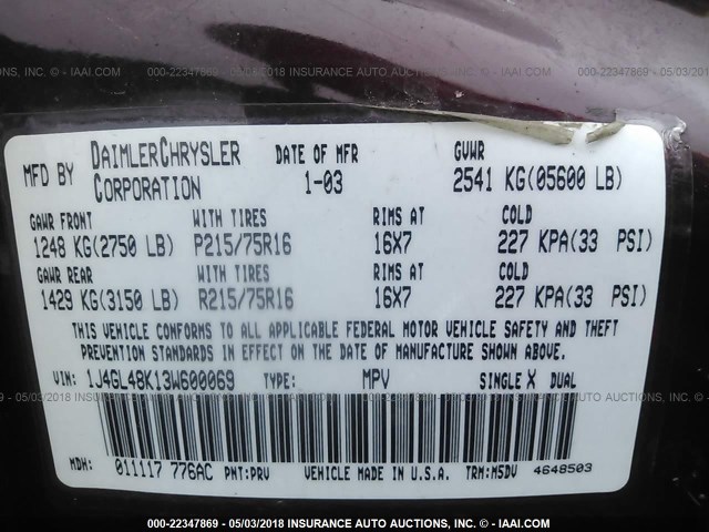 1J4GL48K13W600069 - 2003 JEEP LIBERTY SPORT/FREEDOM ბურგუნდია ფოტო 9