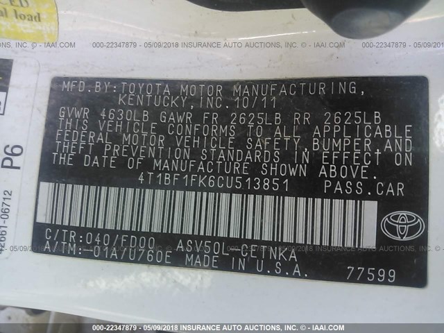 4T1BF1FK6CU513851 - 2012 TOYOTA CAMRY SE/LE/XLE WHITE photo 9