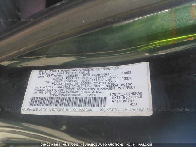 5TEWM72N42Z098632 - 2002 TOYOTA TACOMA XTRACAB GREEN photo 9