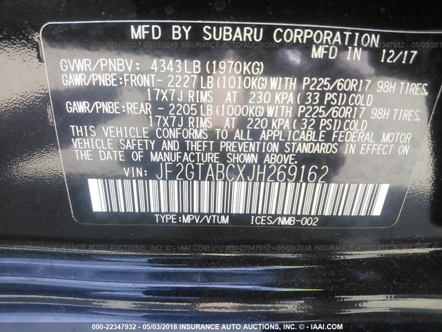 JF2GTABCXJH269162 - 2018 SUBARU CROSSTREK PREMIUM Черный фото 9