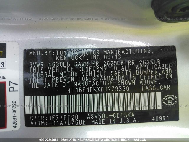 4T1BF1FKXDU279330 - 2013 TOYOTA CAMRY L/SE/LE/XLE 黑色 照片 9