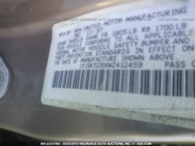 1Y1SK528XWZ412459 - 1998 CHEVROLET GEO PRIZM LSI BEIGE photo 9